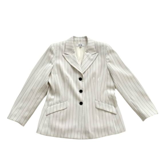 Le Suit Ivory Black Pinstriped Long Sleeve Flap Pockets Blazer Jacket Size 14 - Picture 7 of 12